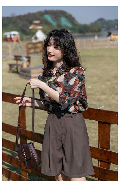 Spring And Autumn Loose Top Retro Hong Kong Style Long Sleeve Flower Shirt