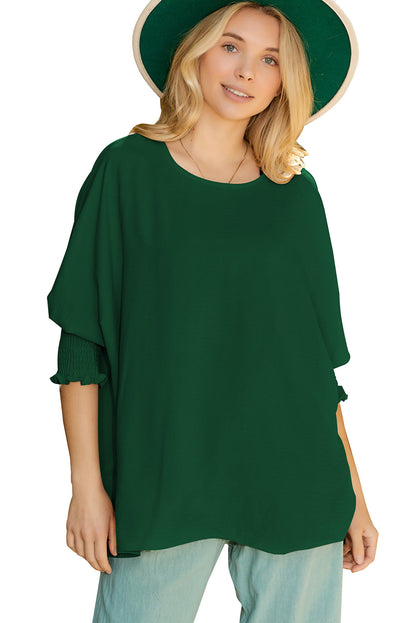 Green Casual Shirred Cuffs Half Sleeve Top