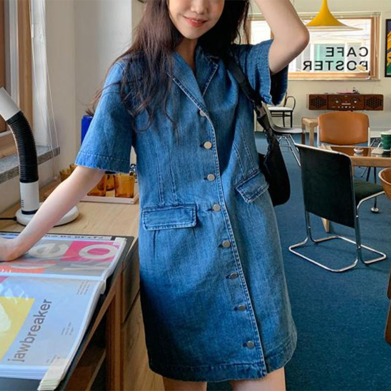 Women's Loose Double Pocket Small Short Sleeve Denim Dress