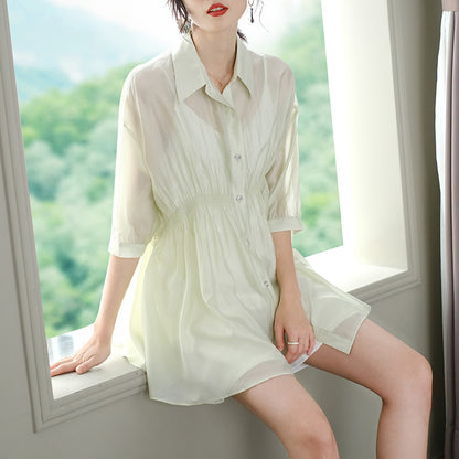 Summer New Chiffon Shirt Short-sleeved Commuter Blue Cardigan Solid Color Shirt Female Sun Protection Clothing