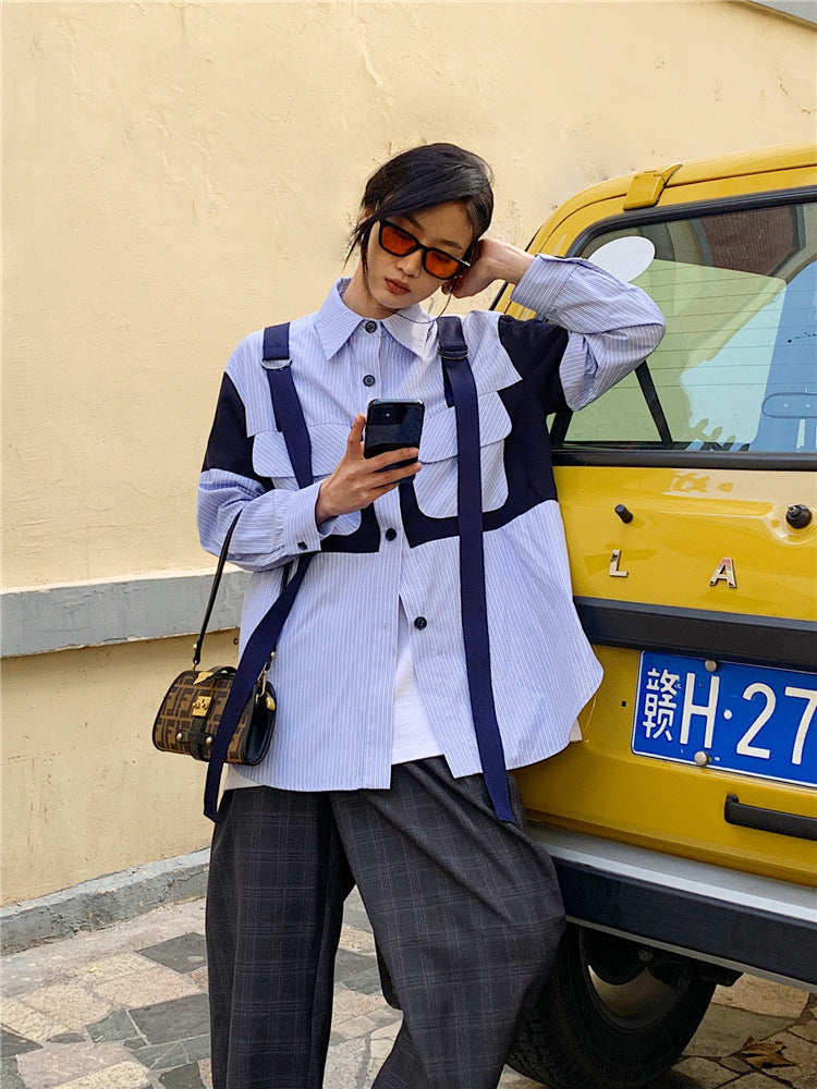 Blue Pinstripe Stitching Contrast Fashion Shirt