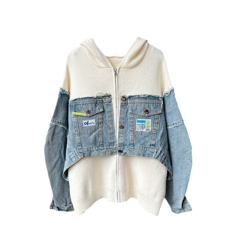 Denim Stitching Sweater Coat Women's Design Sense