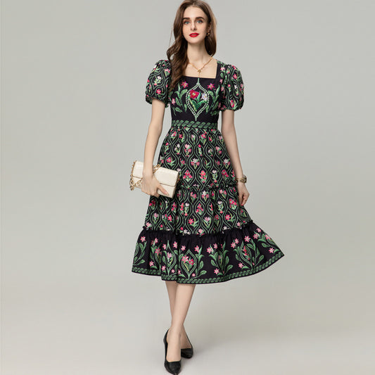 Vintage Print Romantic Dress Women