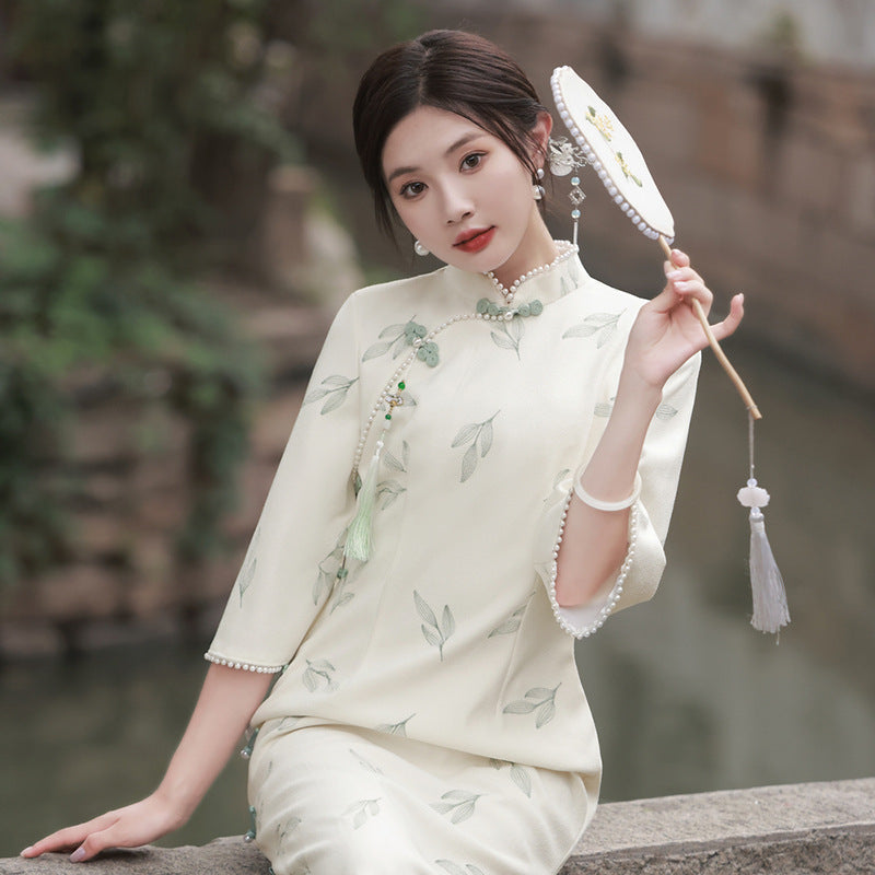 Apricot Lace Embroidery Bell Sleeve Dress Cheongsam