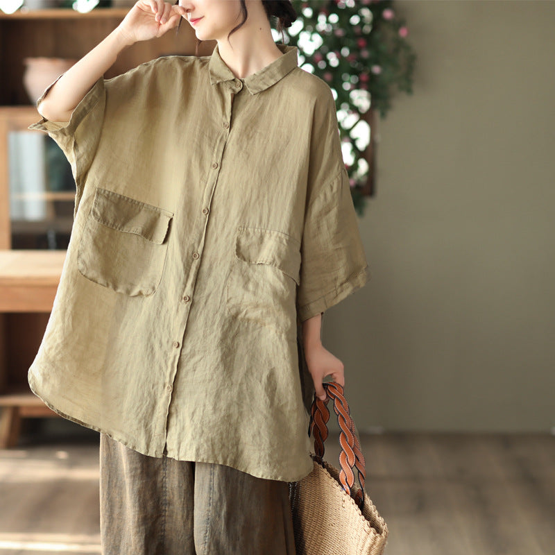 Retro Ramie Shirt Mid-length Elegant Top