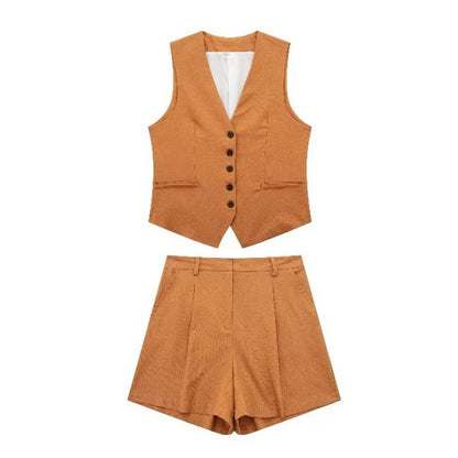 Costume gilet à simple boutonnage et col en V, taille haute, jambes larges