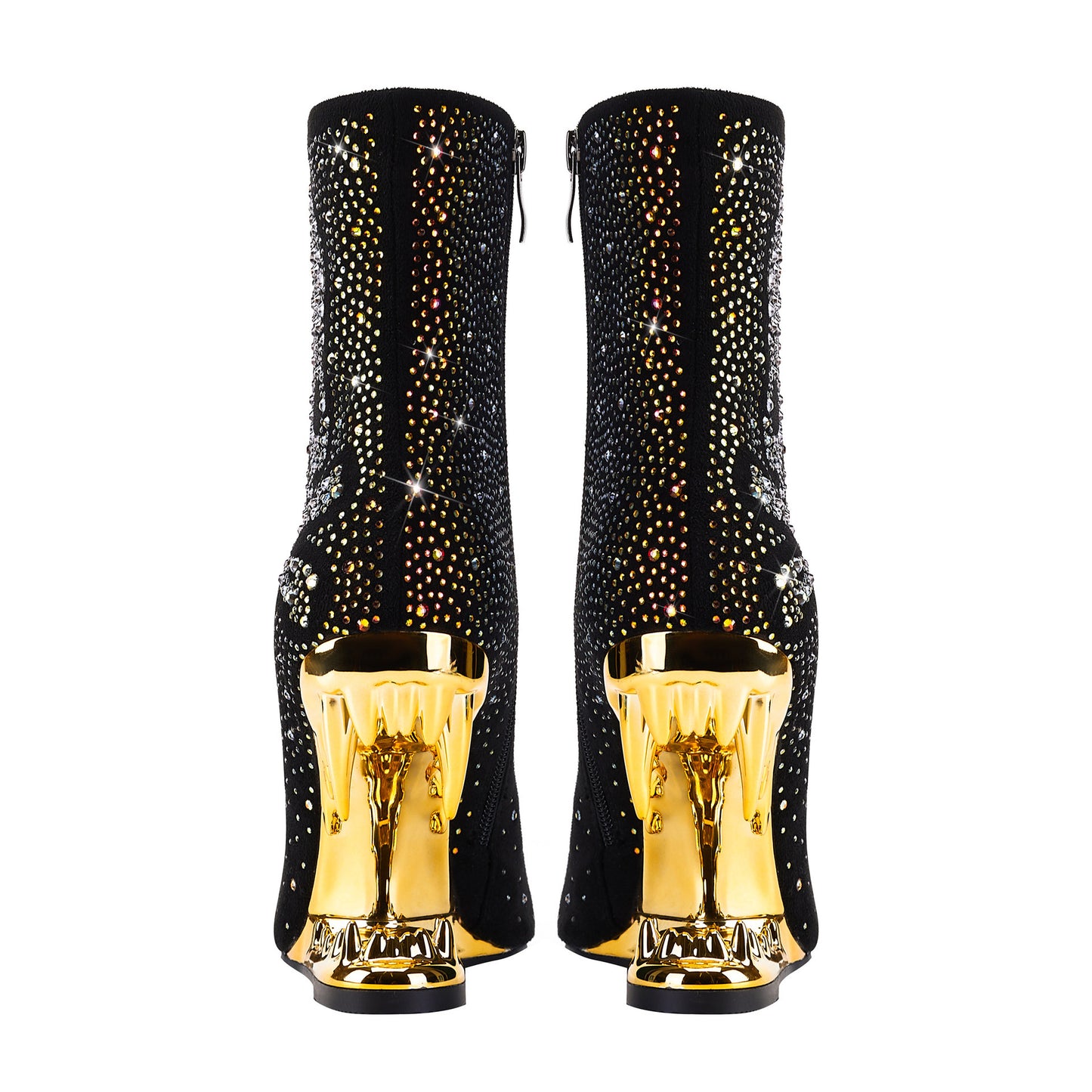 Pointed Toe Rhinestone Tiger Tooth Profiled Heel Skull Booties