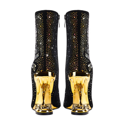 Pointed Toe Rhinestone Tiger Tooth Profiled Heel Skull Booties