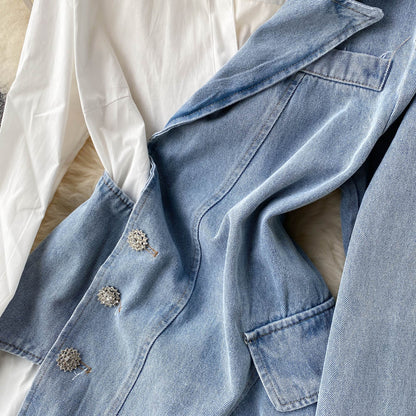 Irregular Long Sleeve Shirt Stitching Denim Dress