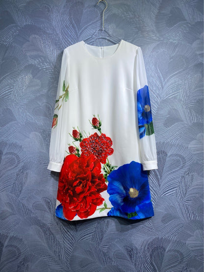 Round Neck Floral-print Beaded Long Sleeve Dress