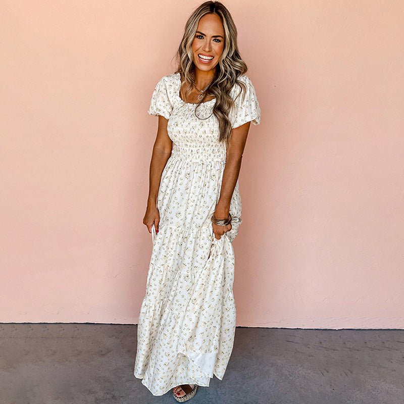 Vestido estampado plisado adelgazante con recorte de cintura a la moda para mujer