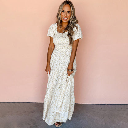 Vestido estampado plisado adelgazante con recorte de cintura a la moda para mujer