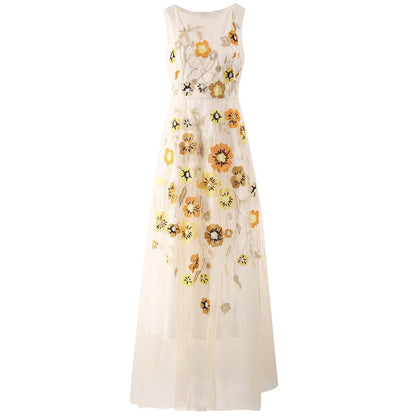 Exquisite Embroidery Floral Sequined Sleeveless Apricot Swing Long Dress