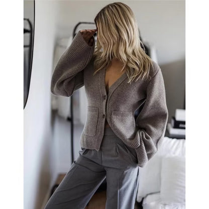 Women's Fashion V-neck Single-row Button Knitted Cardigan Jacket