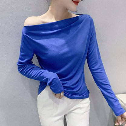 Pleated Collarbone Off-shoulder Shoulder-baring Top Slimming Inspirational Bottoming Shirt