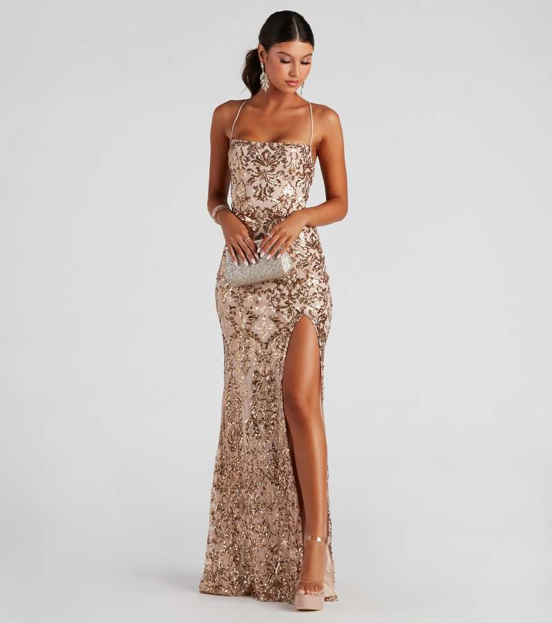 Off-neck Sequined Floor-length Evening Elegant Slit Banquet Party Dress