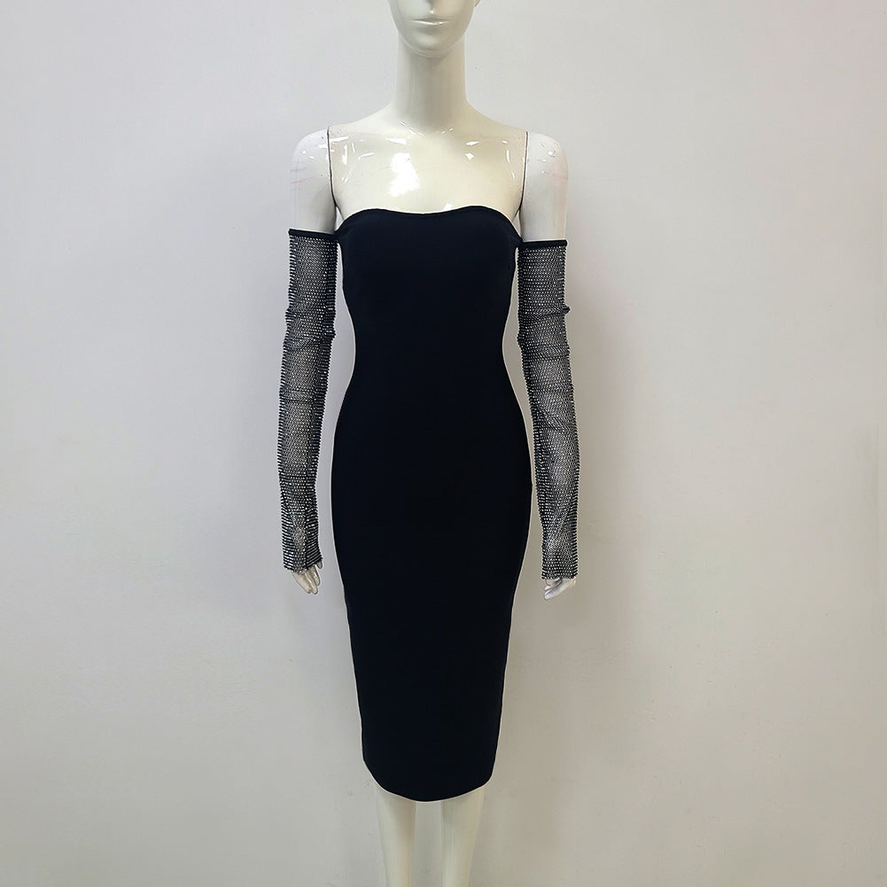 Robe de soirée et de Banquet pour femmes, manches percées en filet, épaules dénudées, Sexy, à bandes noires