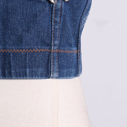 Back Zipper Fly Denim Crystal Stitching Vest