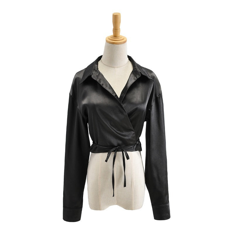 V-neck Wrap Bow Tie Satin Shirt Top