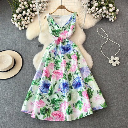 High-grade Socialite Elegance Sleeveless V-neck Waist-controlled Cutting Printing Formal Swing Dress