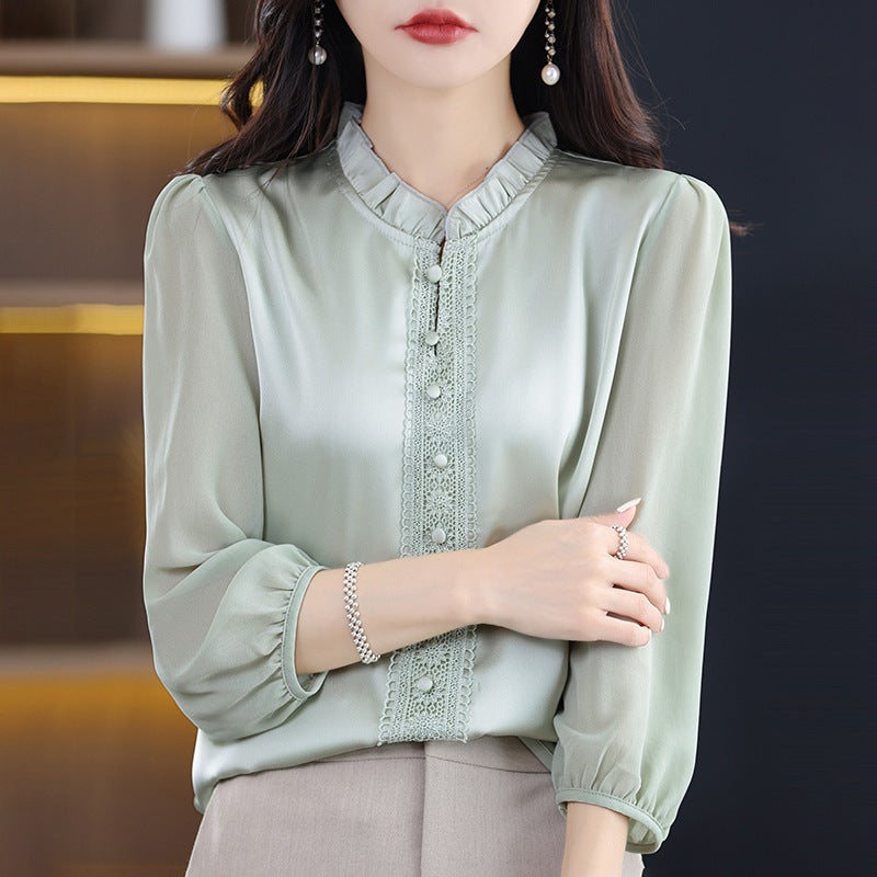 Ruffled Collar Solid Color Three-quarter Length Sleeve Shirt For Women