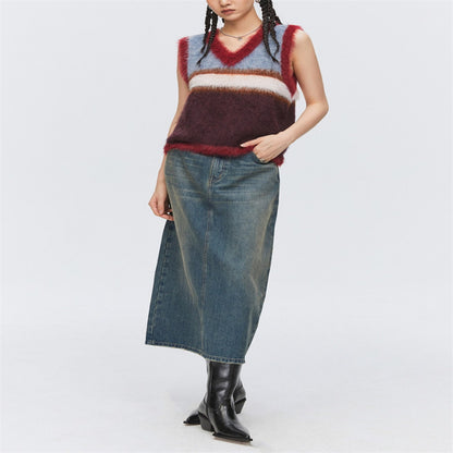 Wool Blended Long Velvet Wool Contrast Color Striped Knitted V-neck Vest Sweater