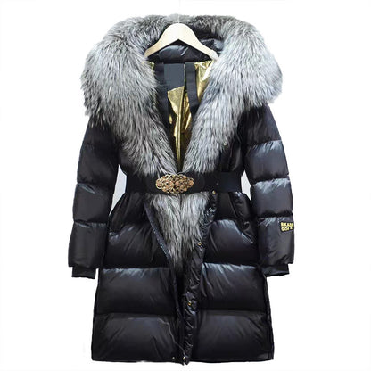 Extended Black Golden Lock Warm Real Fox Fur Big Fur Collar Duck Down Down Jacket