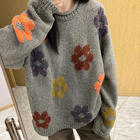 Pullove Round Neck Flower Mid-length Loose Sweater