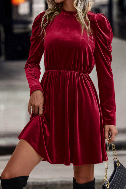 Vestido con vuelo y mangas gigot con cuello con volantes de terciopelo Dahlia rojo