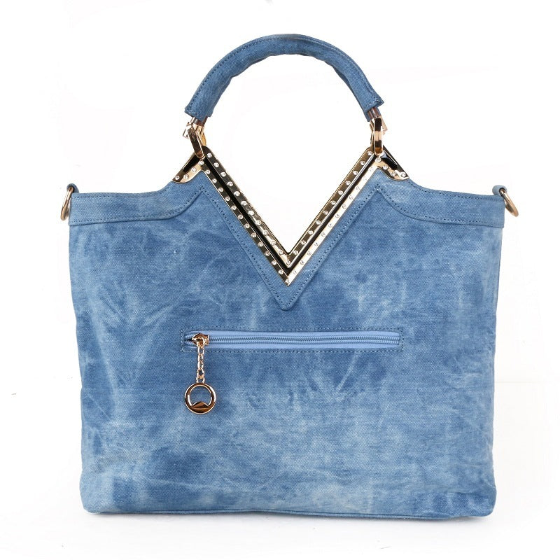 Fashion Women's V-shaped Diamond Flower Denim Bag