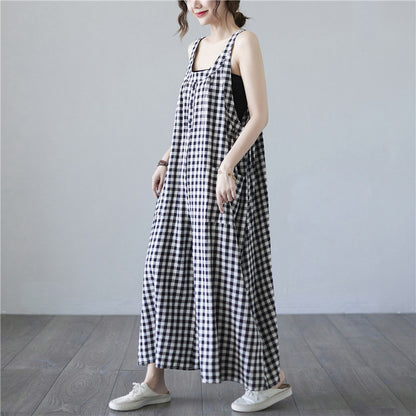 Summer Plus Size Female Artistic Plaid Cotton Linen Suspender Trousers