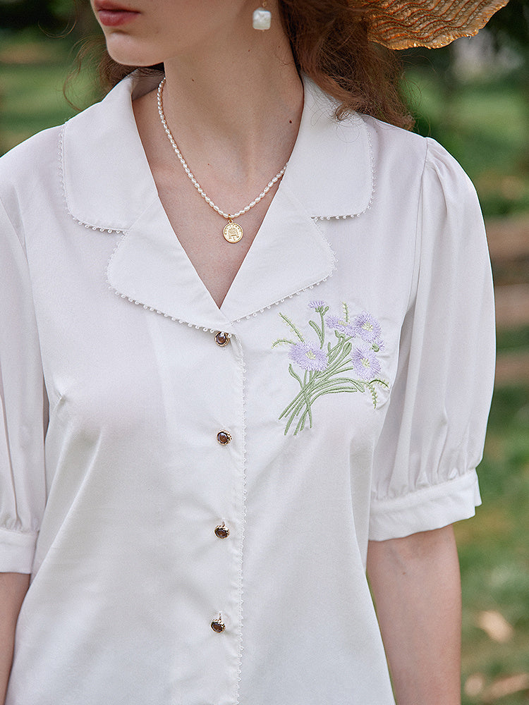 New Women's French Retro Color Embroidered Modal Shirt