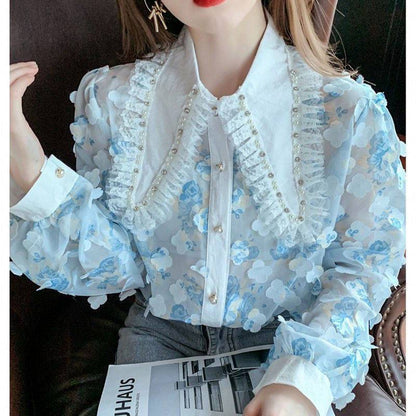 Korean Version Sweet Shirt Female Doll Collar Petals Super Fairy Chiffon Long Sleeves