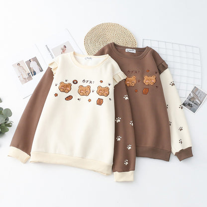 Women's Cartoon Three Bears Embroidered Fleece-lined Thickened Pullover Crew Neck Top Sweater