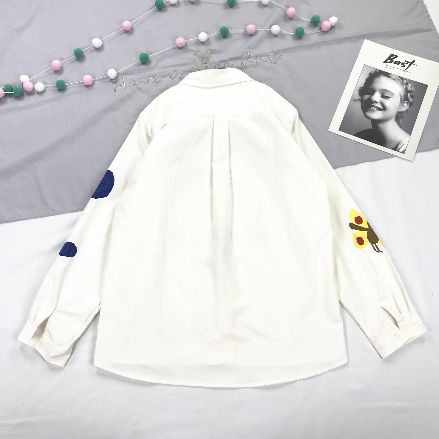 Japanese Childlike Artist Xiaohuaren Printed Lapel Basic Loose White Shirt Student Girl