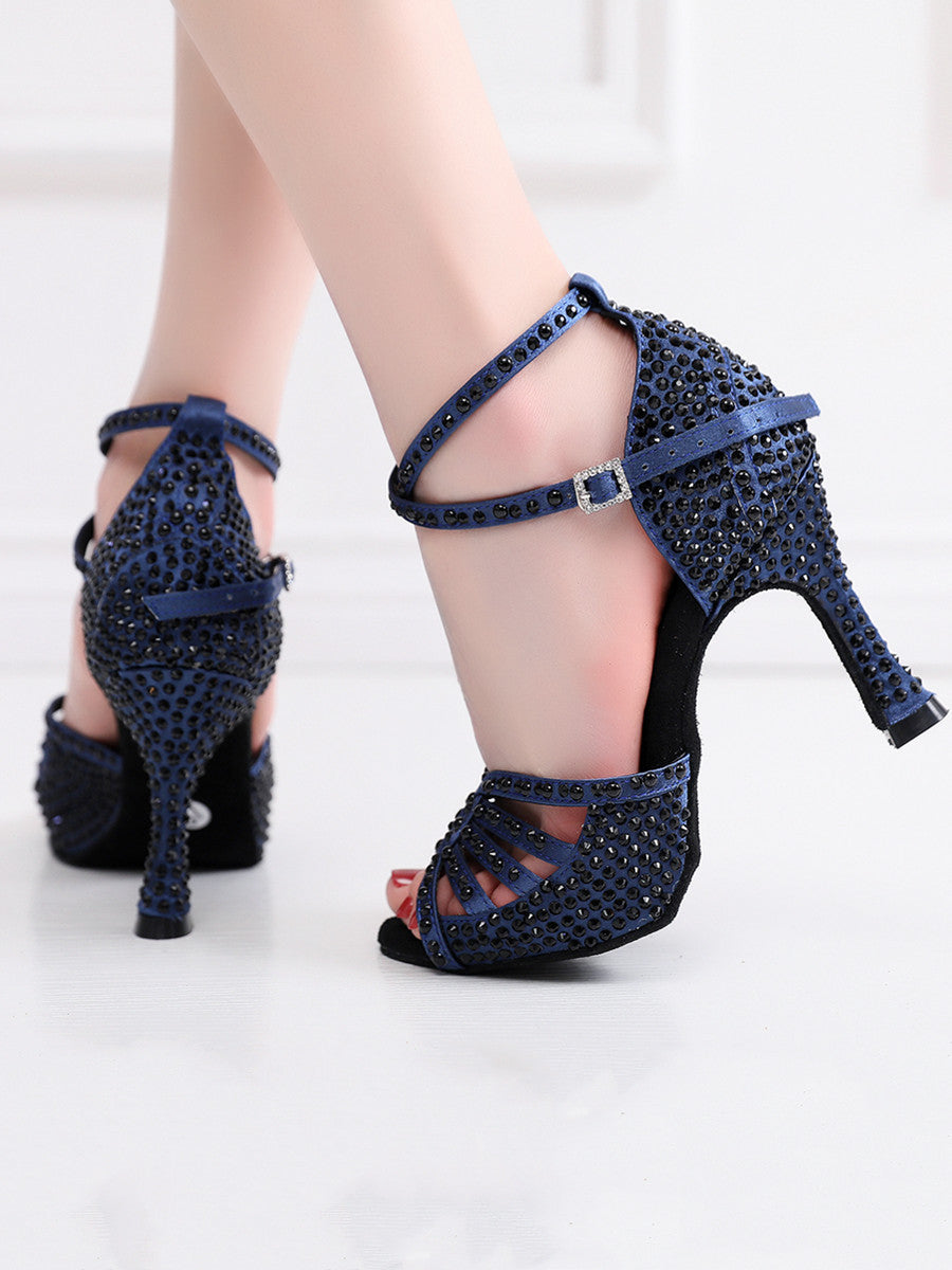 Zapatos de baile latino para mujer con diamantes de imitación en color azul oscuro