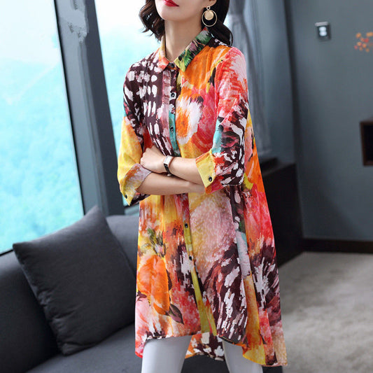 Vintage Colorful Printed Lapel High Low Chiffon Shirt