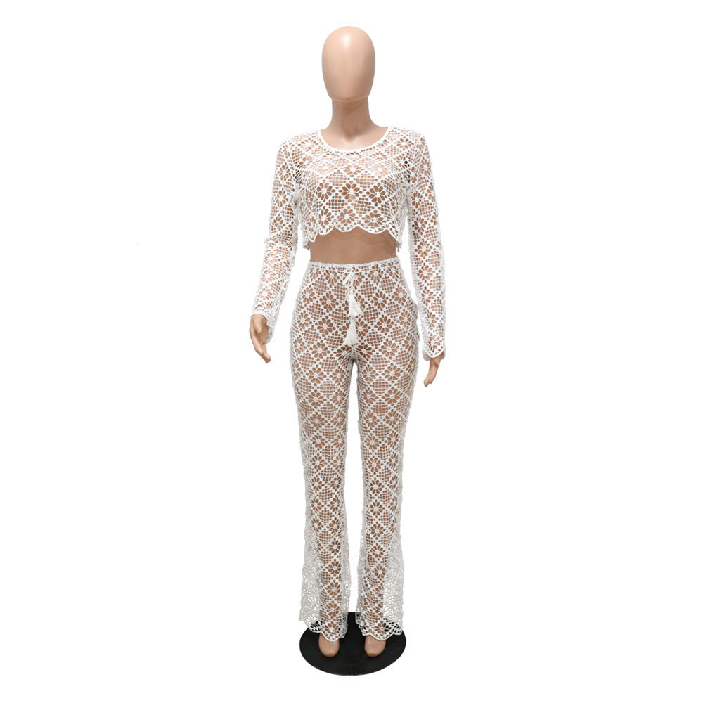 O-neck Short Top Bell-bottom Pants Lace Suit Without Lining