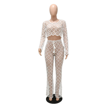 O-neck Short Top Bell-bottom Pants Lace Suit Without Lining