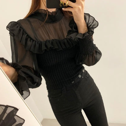 Stand-up Collar Fashion Stitching Chiffon Shirt