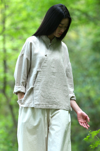 Hemp Plain Buttoned Top High Quality Retro Chinese Style Zen Tea Clothes Women