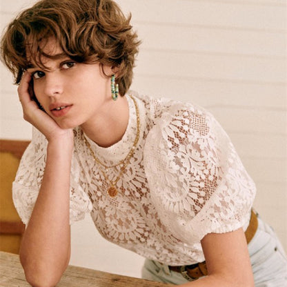 Beautiful Lace Stand-up Collar Bubble Sleeve Back Button Thin Shirt Top