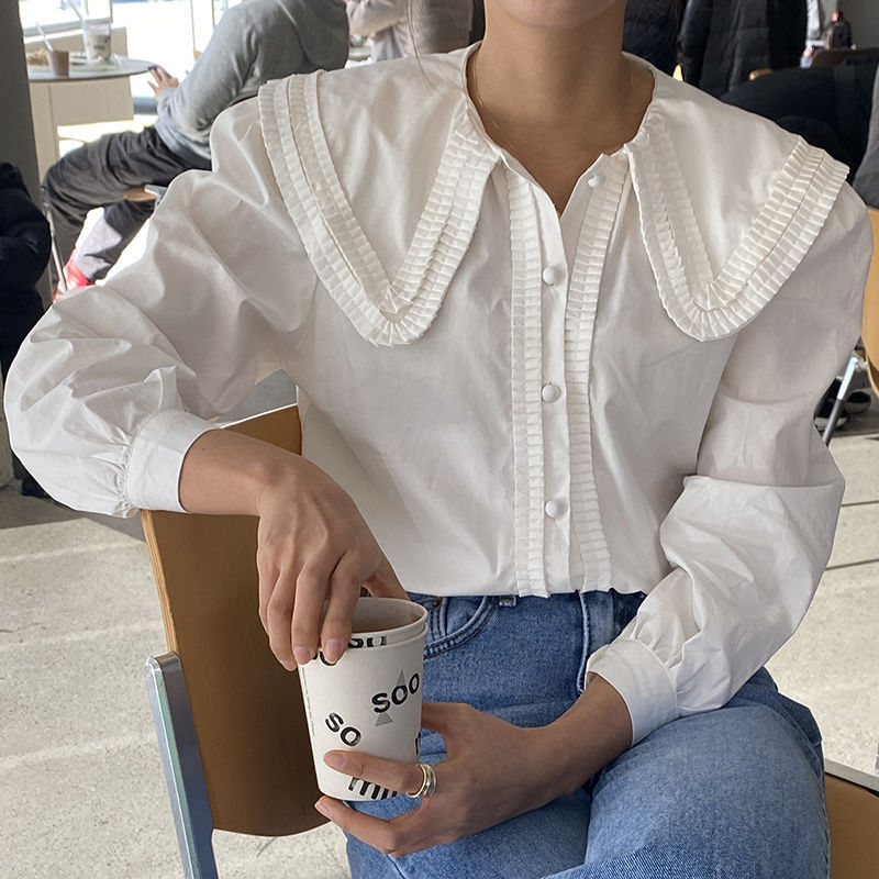 Solapa Plisado Diseño De Costura Borde Botón Suelto Color Sólido Puff Manga Camisa Mujer