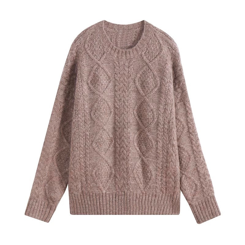 Suéter de Mohair para mujer, ropa exterior de otoño e invierno, Jersey grueso holgado y acogedor, suéter de punto trenzado de longitud media