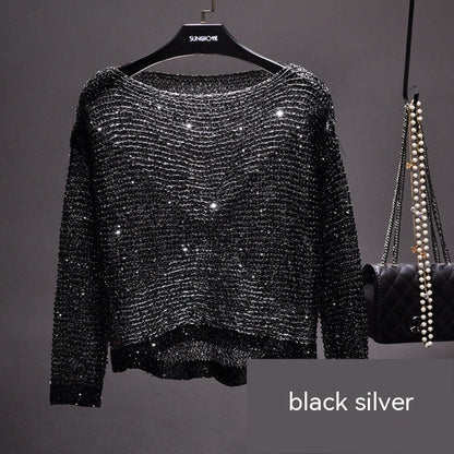 Hollow-out Sequin Loose Sweater Pullover Fil-Lumiere Underwear Blouse Long Sleeve Round