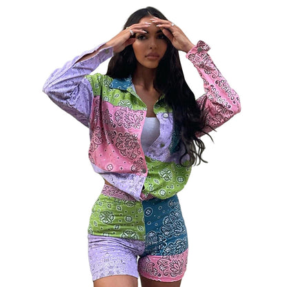 Women's Single-breasted Long-sleeved T-shirt Fashion Printing Bag Hip Shorts Casual Suit