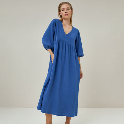 Chemise de nuit longue ample en pur coton bleu pour femme