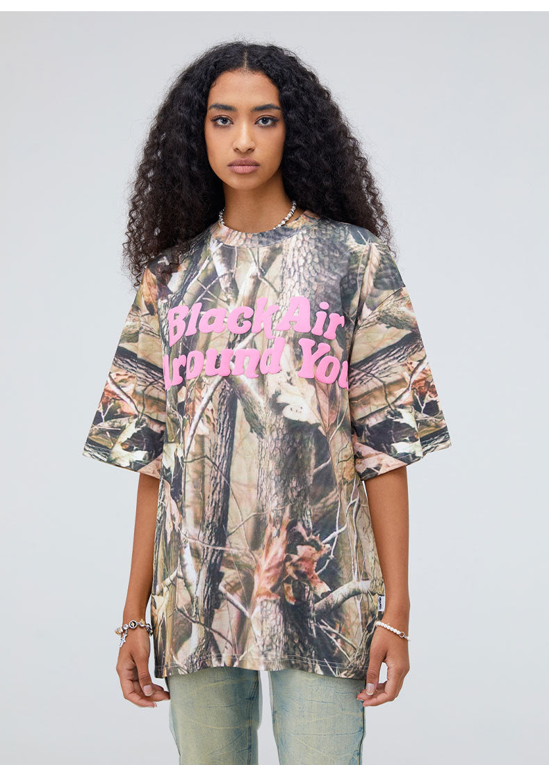 Letter Foamed Print True Leaf Camo Digital Loose Short Sleeve