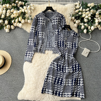 Raw Edges Design Long Sleeve Jacket Sleeveless Plaid Dress Suit