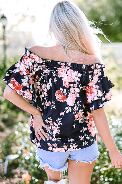 Blusa floral con volantes y hombros descubiertos y mangas con volantes azul